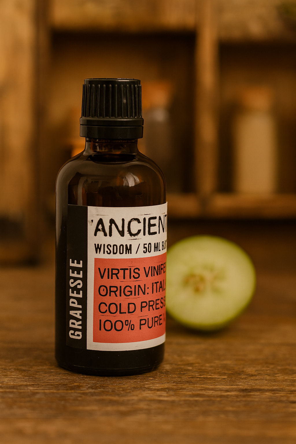 Amber glass bottle with black cap labelled ‘Grapeseed—cold-pressed’; a clear to pale yellow-green Vitis vinifera seed oil from Spain with a very light, satin glide for face, body and hair blends.