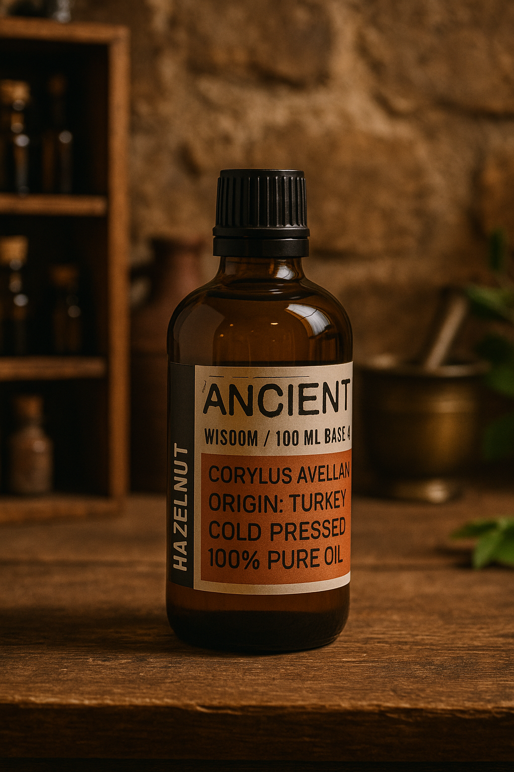 Amber glass bottle with black cap labelled ‘Hazelnut—cold-pressed’; a pale yellow, mild-scented Corylus avellana carrier oil from Turkey with a thin, satin glide.