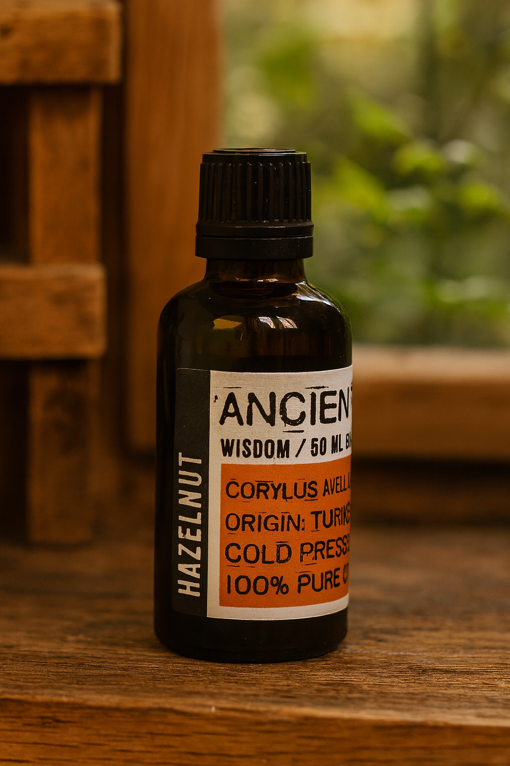 Amber glass bottle with black cap labelled ‘Hazelnut—cold-pressed’; a light-yellow, mildly nutty Corylus avellana oil from Turkey with a fine, fast-absorbing satin glide for face, body and massage blends.