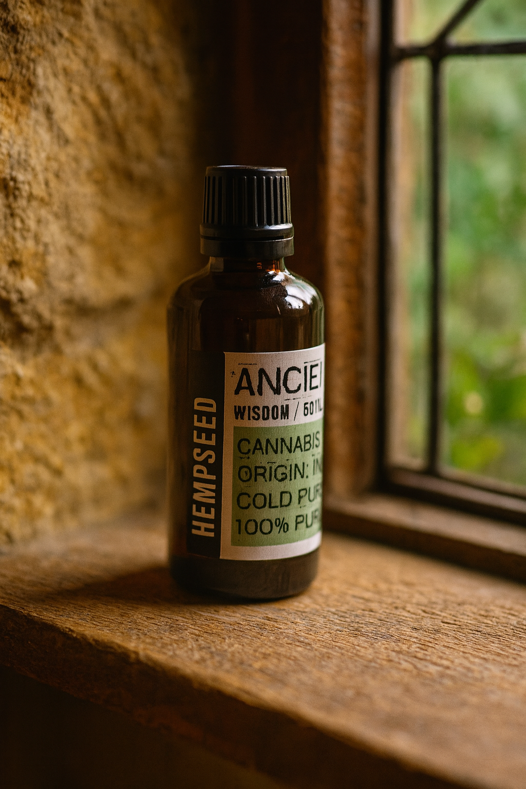Amber glass bottle with black cap labelled ‘Hemp Seed—cold-pressed’; a light-to-medium green Cannabis sativa oil with a faint, slightly nutty scent and a thin, dry, fast-absorbing feel for face, body and hair blends.