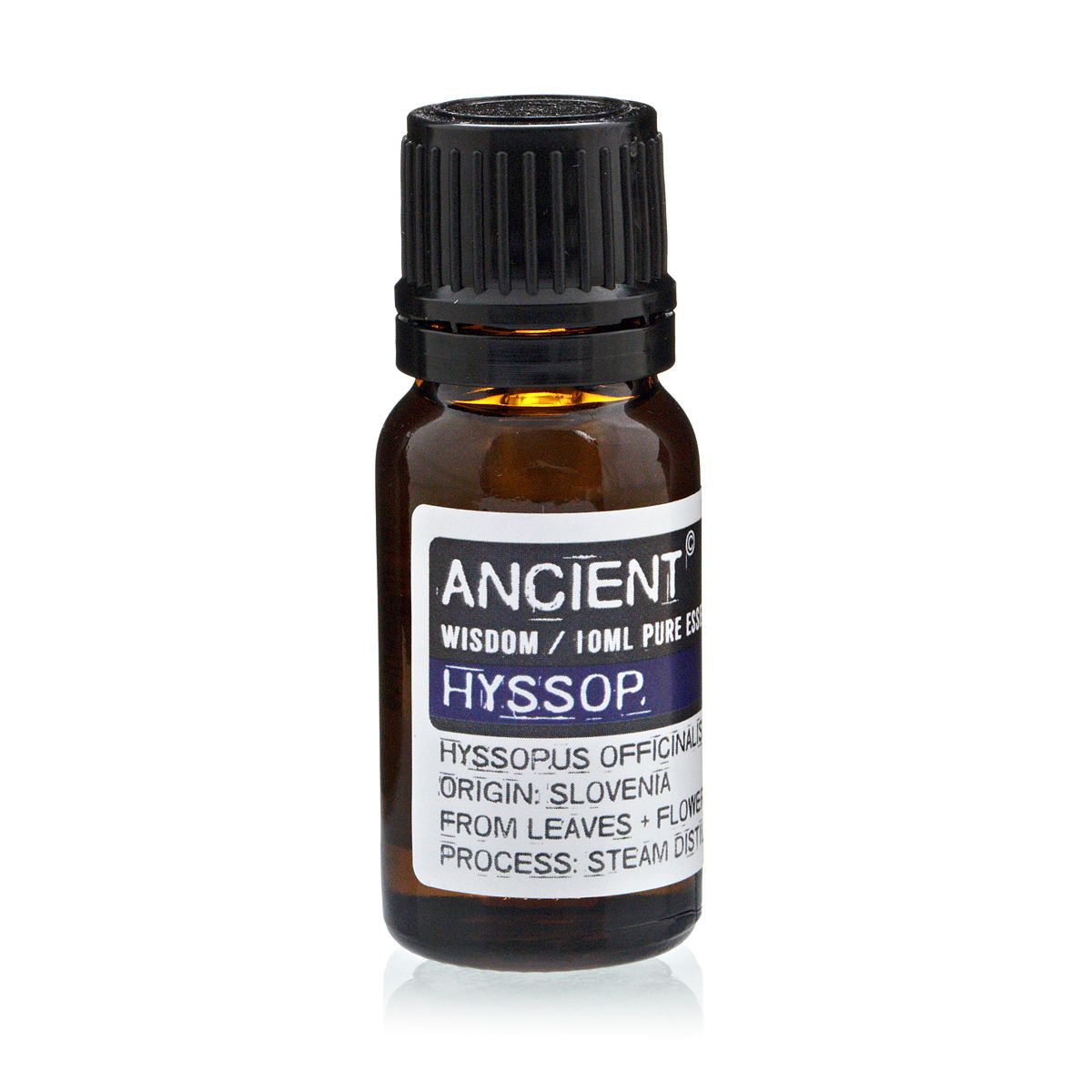 Amber 10 ml bottle labelled ‘Hyssop—pure essential oil’, steam-distilled from flowering tops and leaves, with a sharp herbal, camphoraceous aroma used for cleansing and clarity.