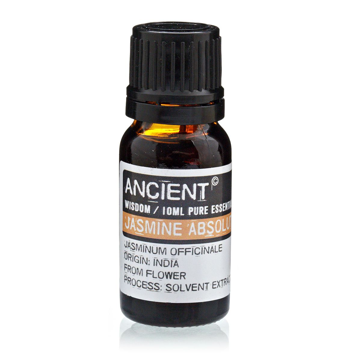 Amber 10 ml bottle labelled ‘Jasmine—absolute’, a solvent‑extracted, lush honey‑floral aroma from Jasminum officinale blossoms for perfumes and serene blends.