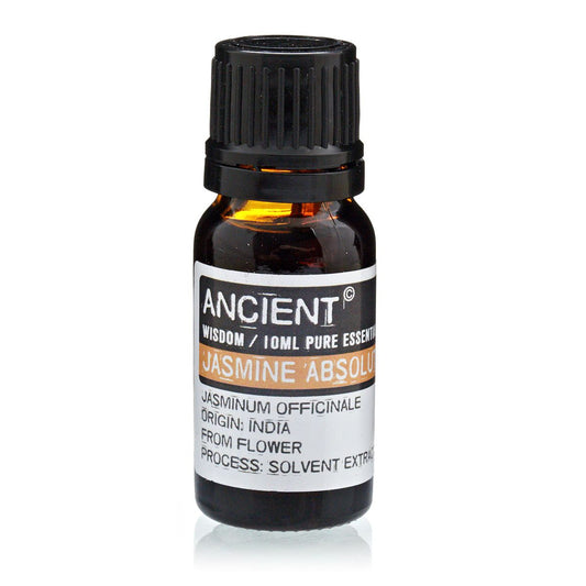 Amber 10 ml bottle labelled ‘Jasmine—absolute’, a solvent‑extracted, lush honey‑floral aroma from Jasminum officinale blossoms for perfumes and serene blends.