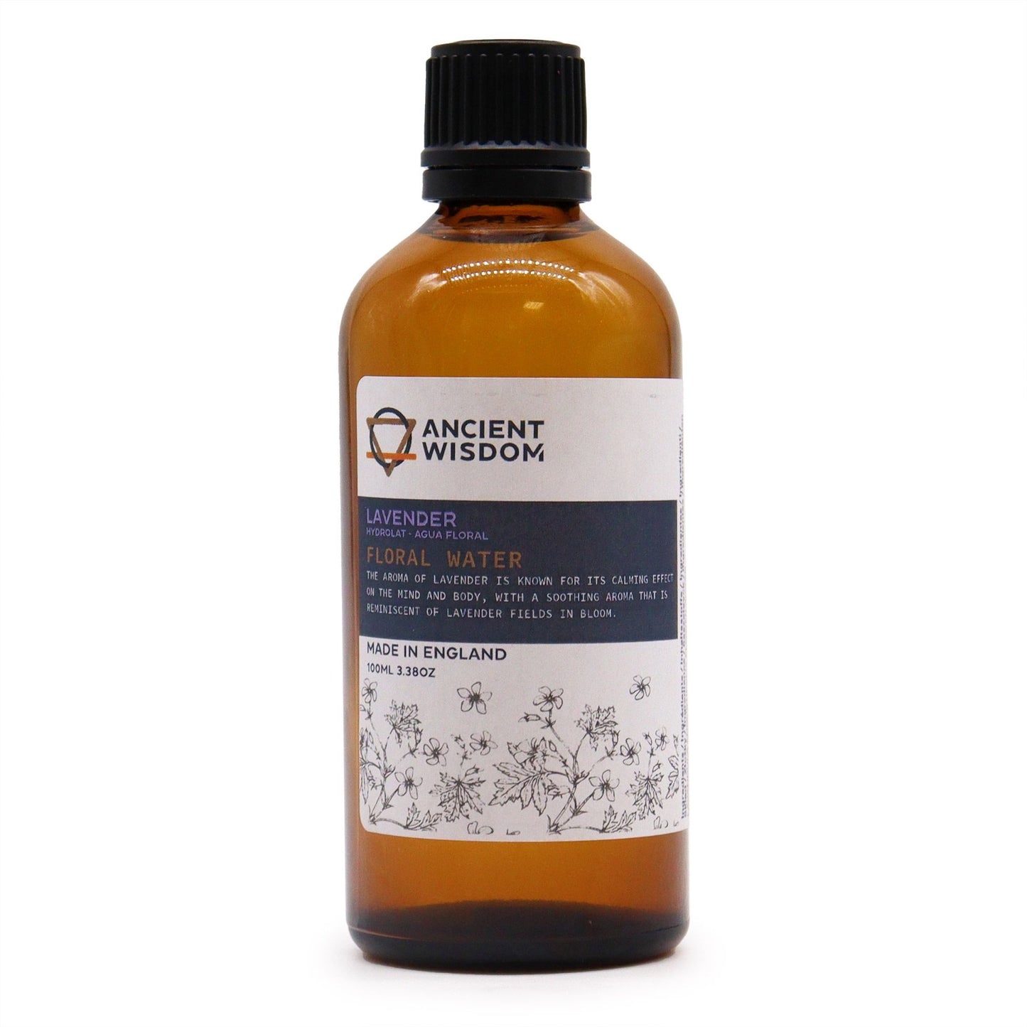 100 ml amber glass bottle labeled ‘Lavender Floral Water’—steam-distilled hydrolat for toners, mists, and DIY skincare.