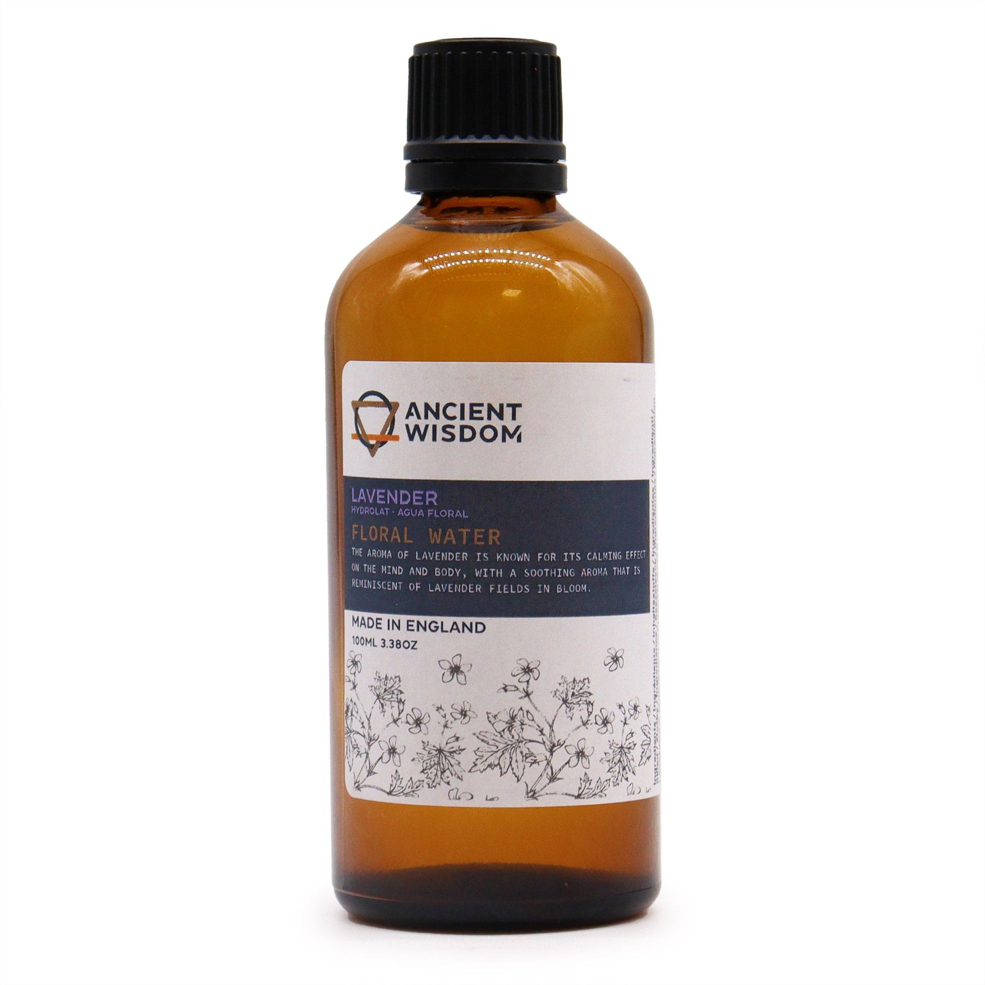 100 ml amber glass bottle labeled ‘Lavender Floral Water’—steam-distilled hydrolat for toners, mists, and DIY skincare.
