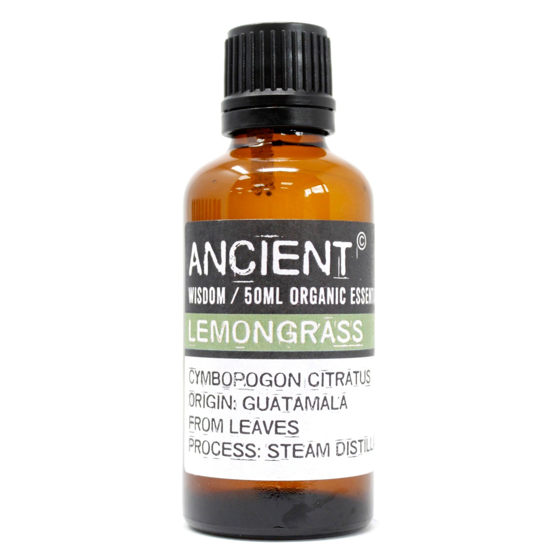 Amber 50 ml bottle labelled ‘Lemongrass—organic, steam-distilled’, a bright citrus-herbal oil for diffusers and DIY room sprays.
