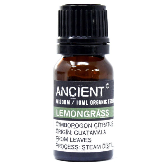 Amber glass bottle labelled ‘Lemongrass—organic, steam-distilled from leaves,’ a bright citrus-herbal oil for diffuser and well-diluted skincare.