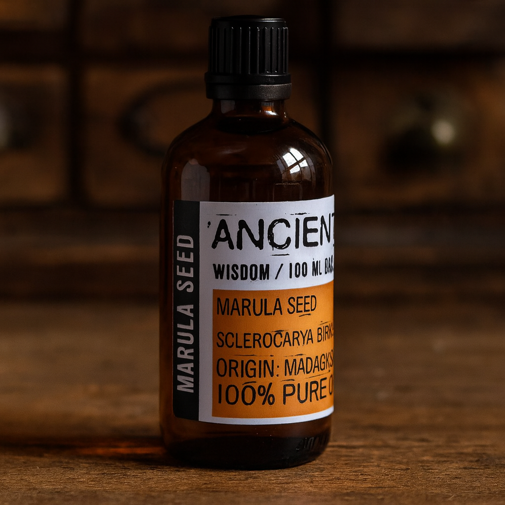 Amber glass bottle with black cap labelled ‘Marula—cold-pressed’; a pale golden, mildly nutty Sclerocarya birrea seed oil with a satin, fast-absorbing finish for face, body and hair blends