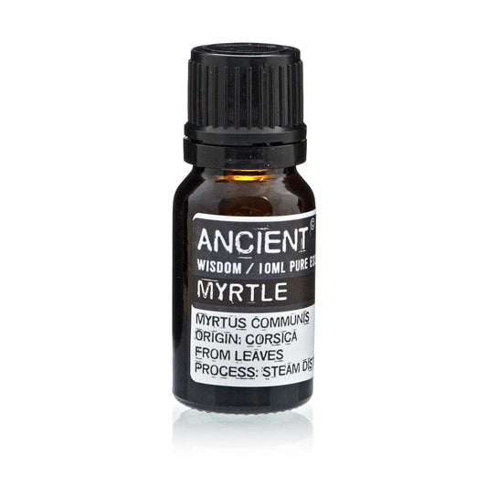A 10 ml amber glass bottle labeled “Myrtle” with black cap.