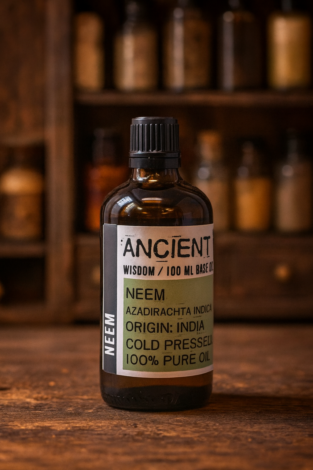 Amber glass bottle with black cap labelled ‘Neem—cold-pressed’; a thick, earthy Azadirachta indica seed oil from India that may appear golden to dark brown and has a strong garlic-nutty aroma.