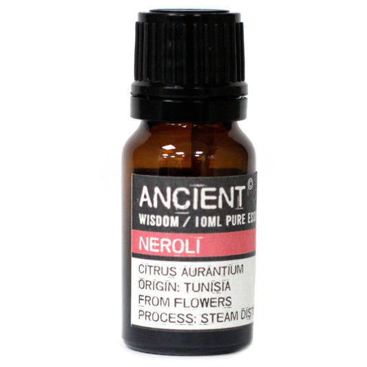 Amber 10 ml bottle labelled ‘Neroli—pure essential oil’, hydro distilled from bitter orange blossoms; a honeyed citrus-floral aroma for calming diffusers and skin-kind blends.