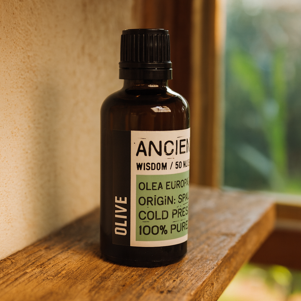 “Amber glass bottle with black cap labelled ‘Olive—cold-pressed’; a light-to-medium green Olea europaea fruit oil from Spain with a fruity, slightly peppery aroma and a thick, slow-absorbing texture.