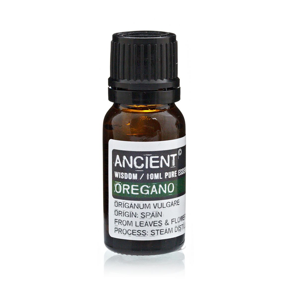 A 10 ml amber glass bottle labeled “Oregano” with black cap.