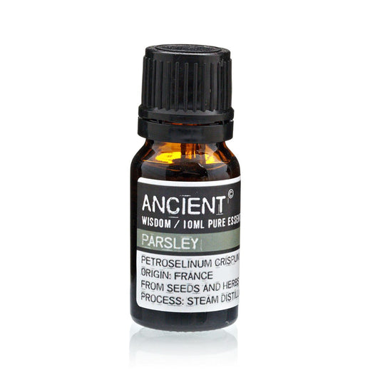 Amber 10 ml bottle labelled ‘Parsley—pure essential oil’, steam-distilled from seed and herb with a green, peppery aroma for clarifying mists and low-dilution body oils.