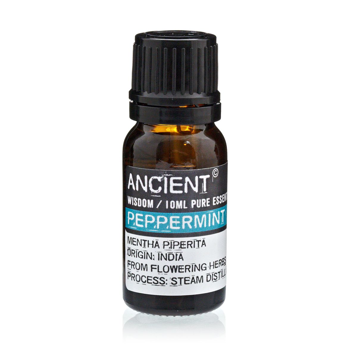 Amber 10 ml bottle labelled ‘Peppermint—pure essential oil’, steam-distilled from flowering herbs. A sharp menthol oil valued for cooling, refreshing, and clarifying benefits.