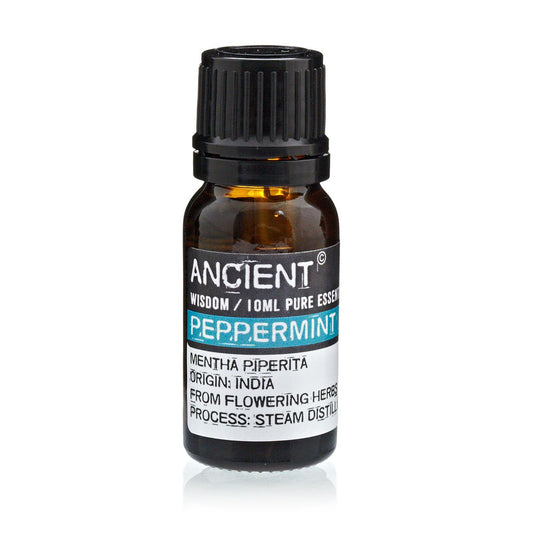 Amber 10 ml bottle labelled ‘Peppermint—pure essential oil’, steam-distilled from flowering herbs. A sharp menthol oil valued for cooling, refreshing, and clarifying benefits.