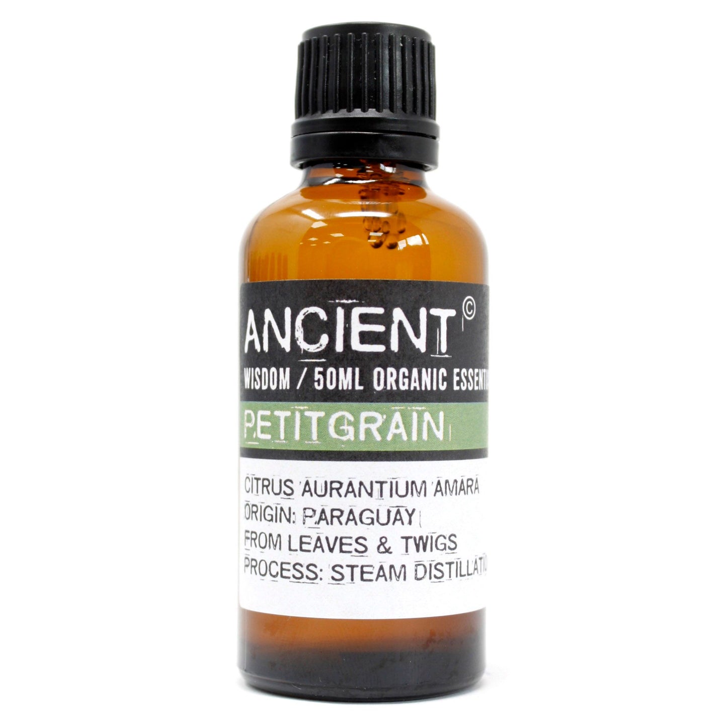 Steam-distilled petitgrain essential oil—50 ml amber bottle, a green-citrus, neroli-like aroma for diffusers and DIY sprays.