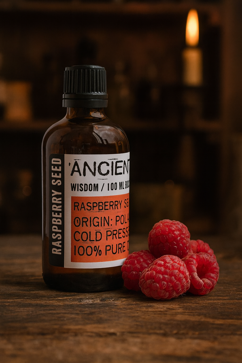 Amber glass bottle with black cap labelled ‘Raspberry Seed—cold-pressed’; a pale gold to amber Rubus idaeus seed oil with a mild, seed-fruity scent and fast-absorbing, satin finish for face, body and hair blends.