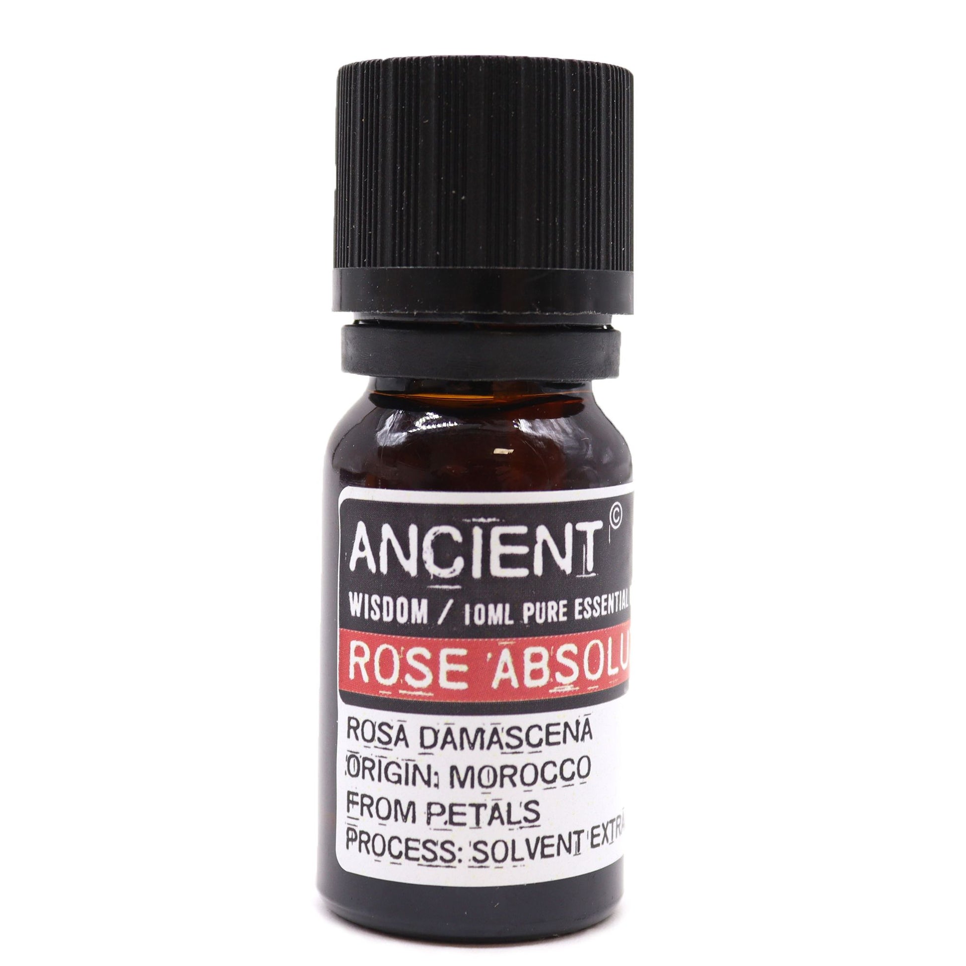 Amber 10 ml bottle labelled Rose Absolute pure essential oil, solvent-extracted in Morocco from rose petals, used for skincare, mood balance, and emotional healing.