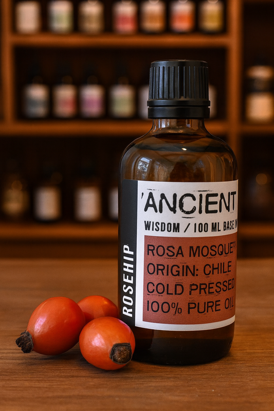 Amber glass bottle with black cap labelled ‘Rosehip—cold-pressed’; a deep golden Rosa mosqueta seed oil from Chile with a subtle earthy aroma and fast-absorbing, dry-touch feel for face and body blends.