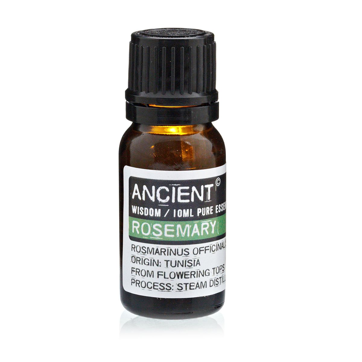 Amber 10 ml bottle labelled Rosemary Essential Oil, steam-distilled from flowering tops in Tunisia, used for mental clarity, hair care, and circulation.