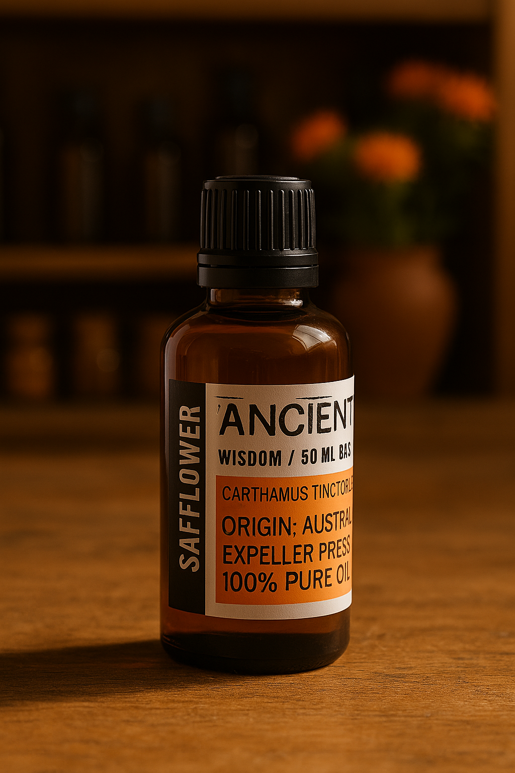 Amber glass bottle with black cap labelled ‘Safflower—cold-pressed’; a pale yellow Carthamus tinctorius seed oil from Australia with a feather-light, fast-absorbing feel for face, body and hair blends.