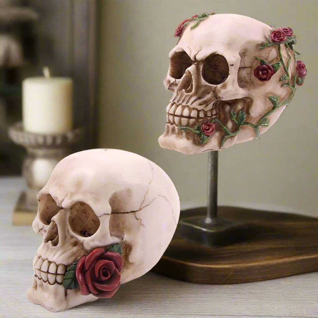 assorted decorative skulls, Roses, Vines, made from resin and hand finished