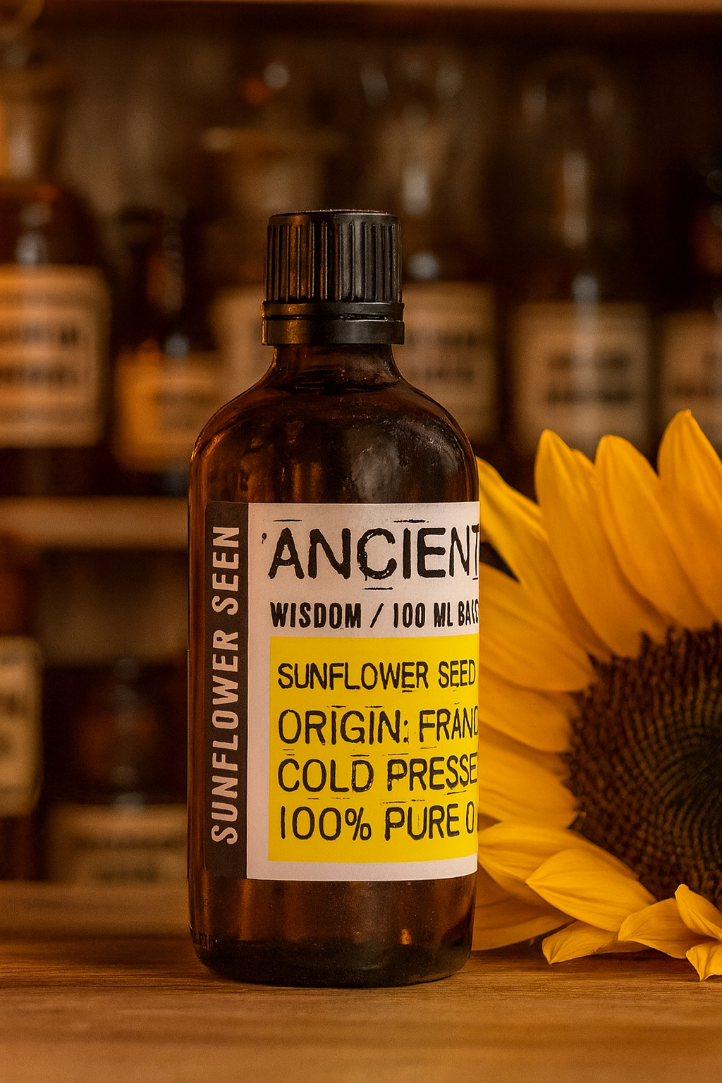 Amber glass bottle with black cap labelled ‘Sunflower—cold-pressed’; a pale yellow-gold Helianthus annuus seed oil with a lightweight, fast-absorbing feel for face, body and hair blends