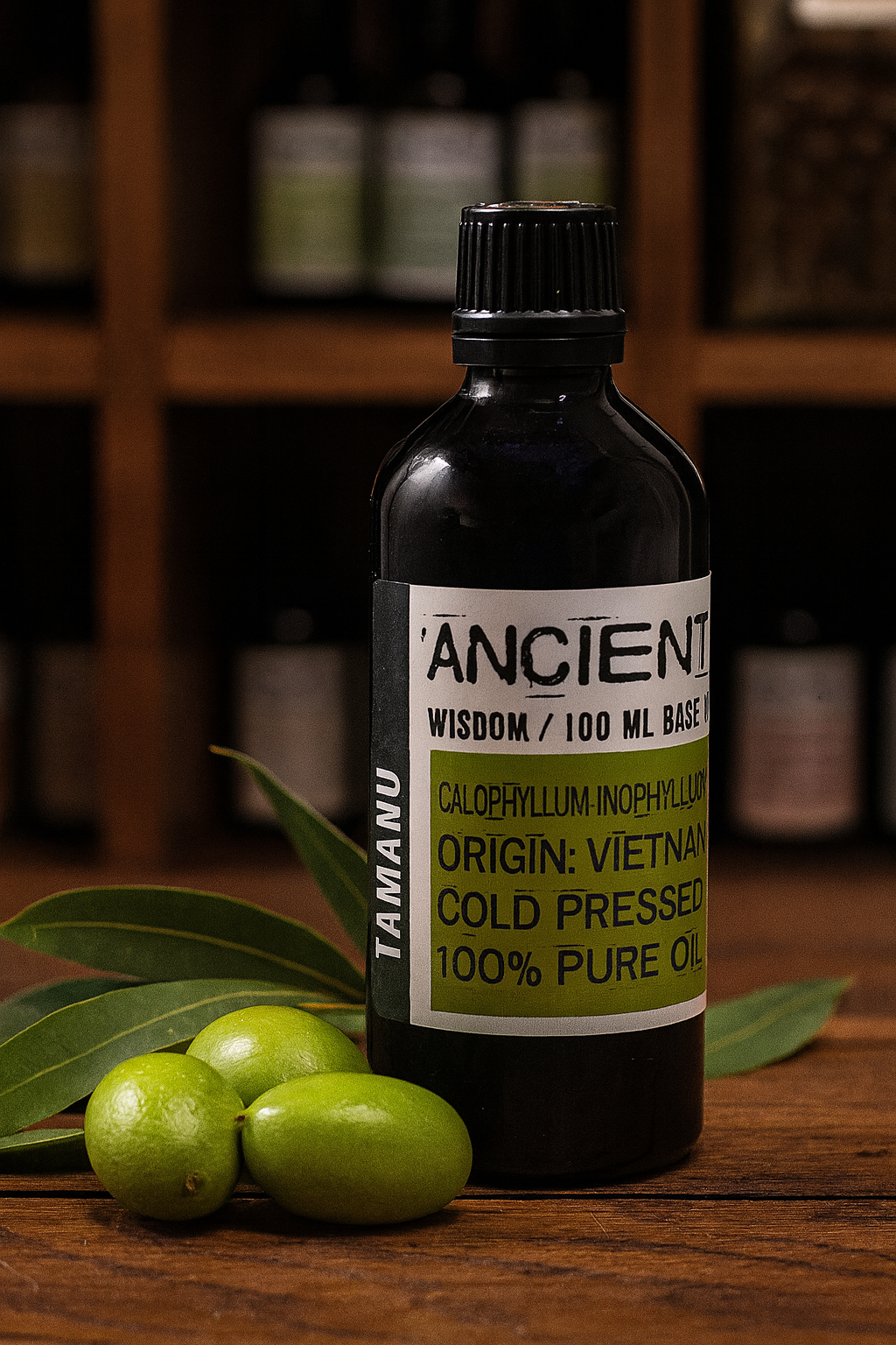 Amber glass bottle with black cap labelled ‘Tamanu—cold-pressed’; a dark green, strongly earthy-nutty Calophyllum inophyllum seed oil with a rich, slow-absorbing glide for face, body and balm blends.