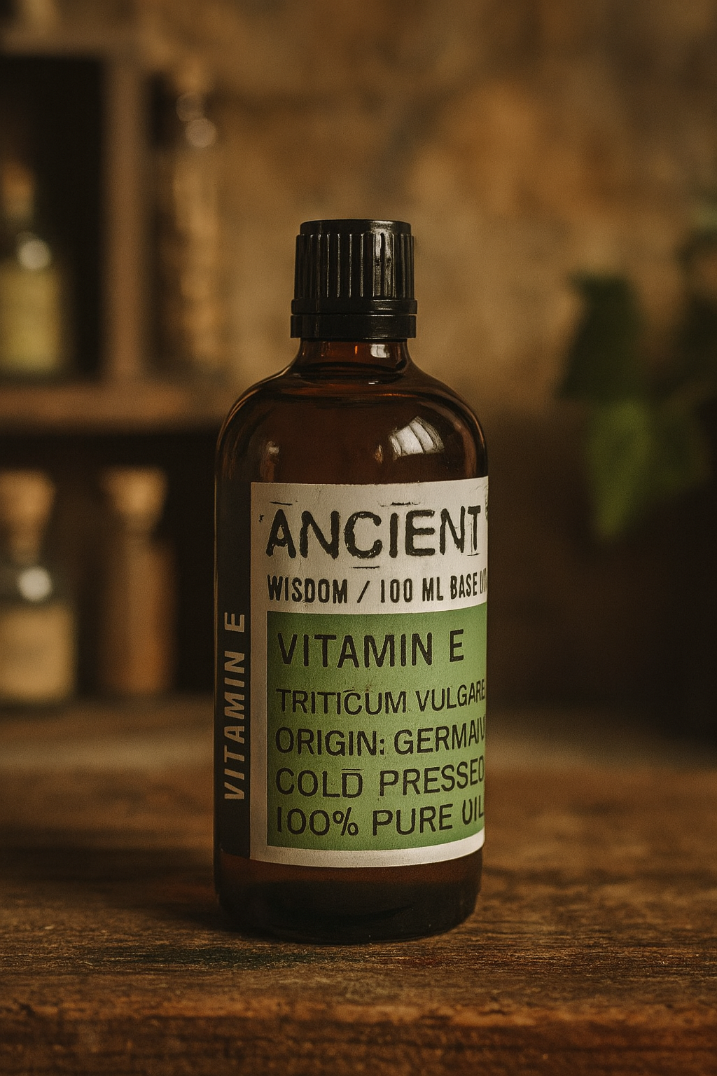 Amber glass bottle with black cap labelled ‘Vitamin E—tocopherol’; a clear orange-yellow, wheatgerm-derived antioxidant booster used at low percentages to help slow oxidation in oils and balms.