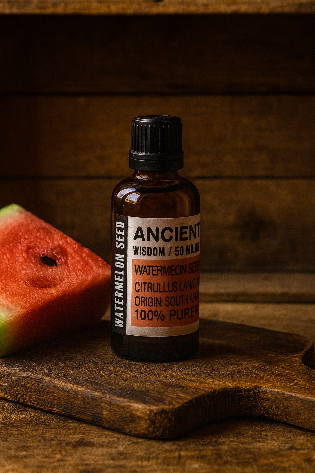 Amber glass bottle with black cap labelled ‘Watermelon Seed—cold-pressed’; a pale yellow-to-light green Citrullus lanatus oil from South Africa with a mild, slightly nutty-earthy aroma and a light, fast-absorbing feel.