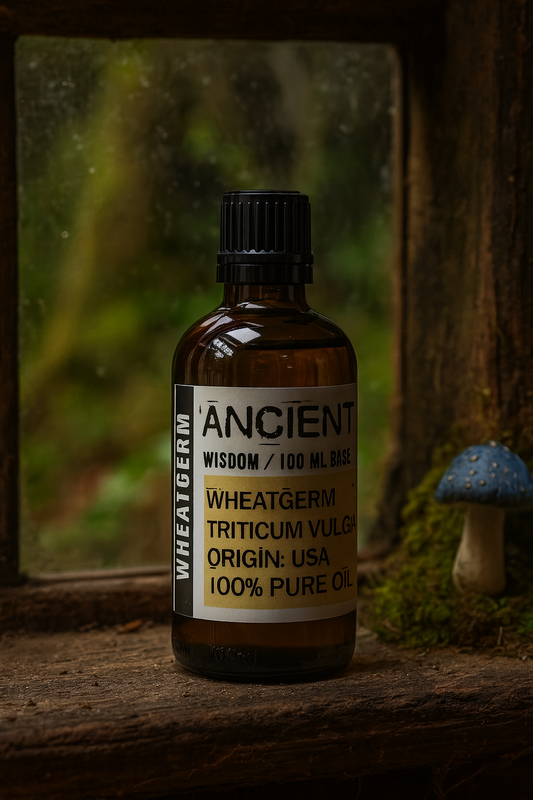 Amber glass bottle with black cap labelled ‘Wheatgerm—cold-pressed’; an orange-gold Triticum vulgare oil from the USA with a strong wheaty aroma and very rich texture—best used as a booster in blends.