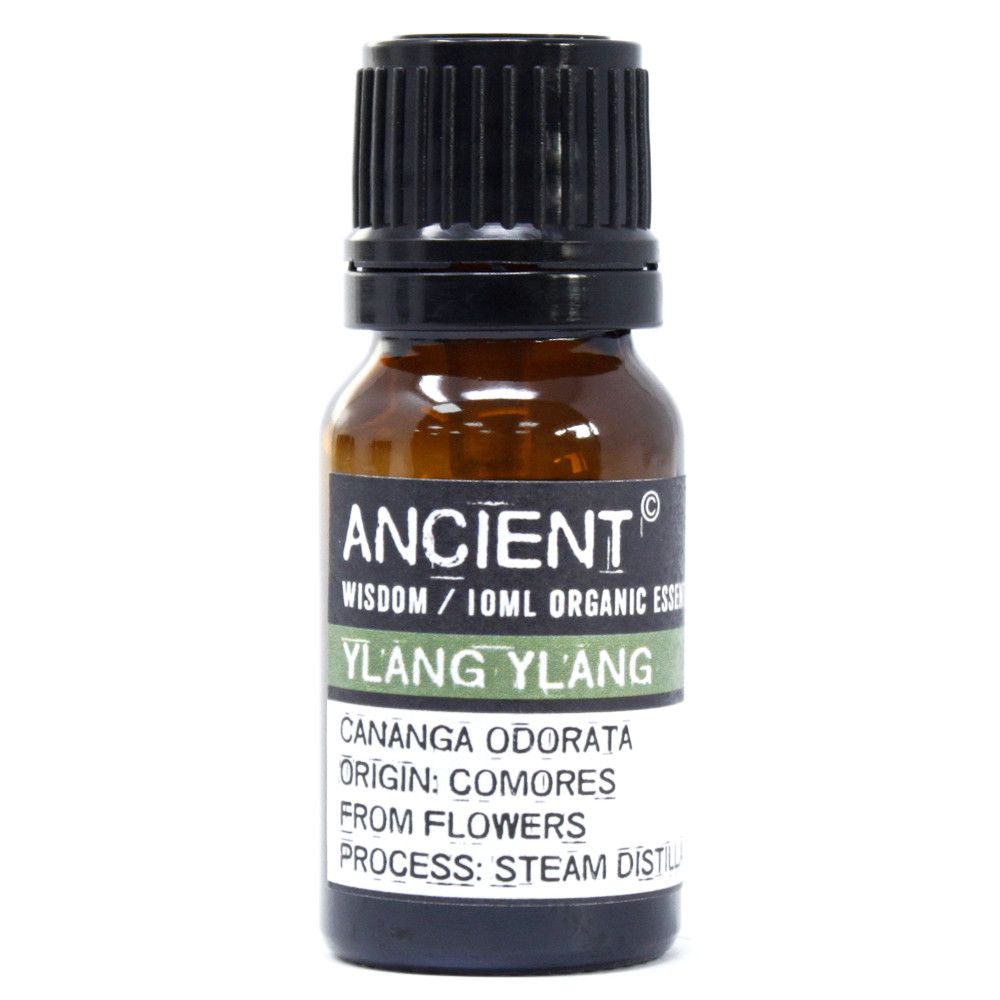 Amber 10 ml bottle labelled ‘Ylang Ylang—organic, steam-distilled’, a sweet tropical floral oil for serene diffusers and DIY room mists.