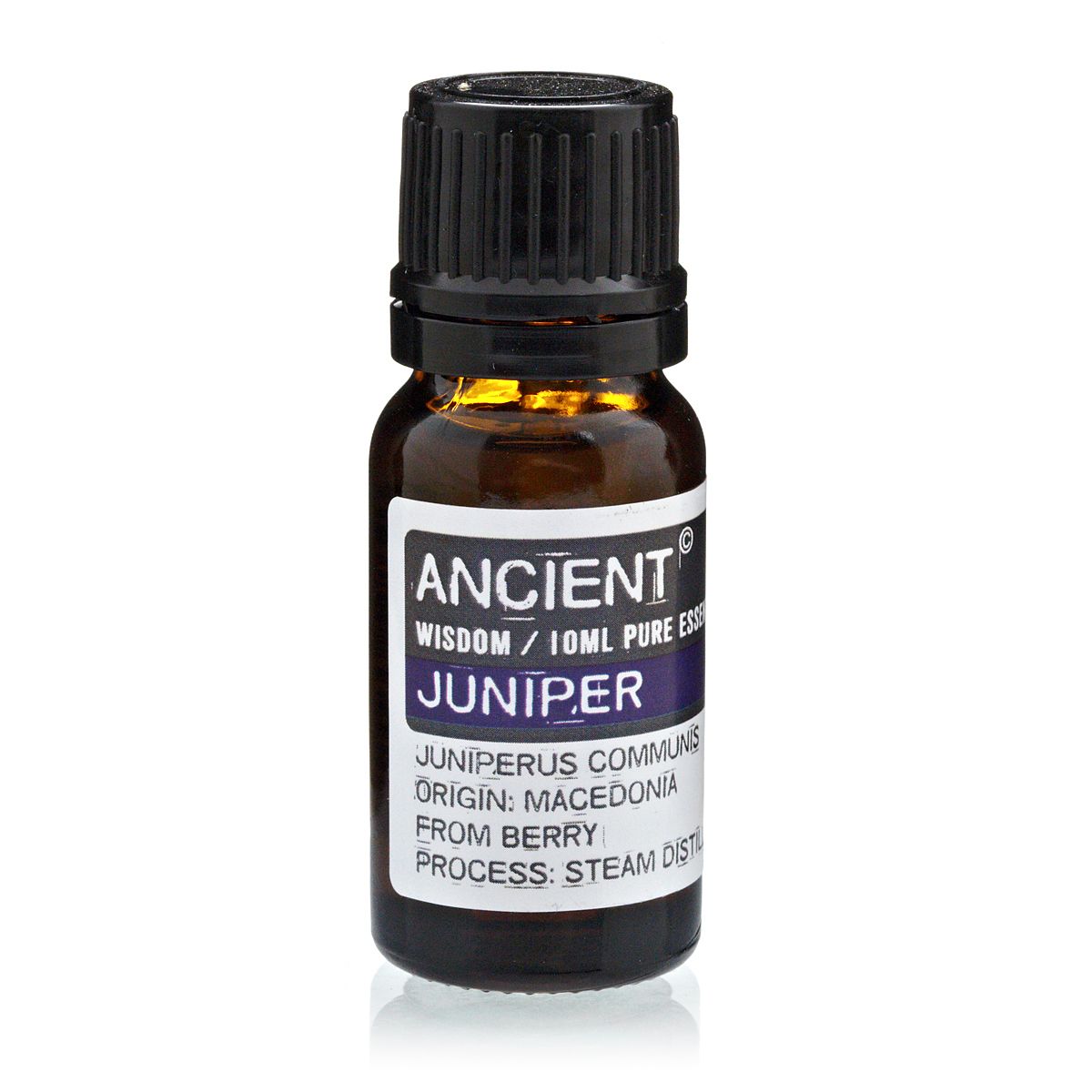 Amber 10 ml bottle labelled ‘Juniper—pure essential oil’, a steam‑distilled berry oil with fresh‑woody, peppery ‘gin‑like’ aroma for clean diffusers and clarifying sprays.