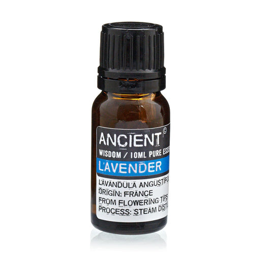 Amber 10 ml bottle labelled ‘Lavender—pure essential oil’, a steam‑distilled floral‑herbaceous aroma used for bedtime diffusers, linen mists, and gentle skin blends.