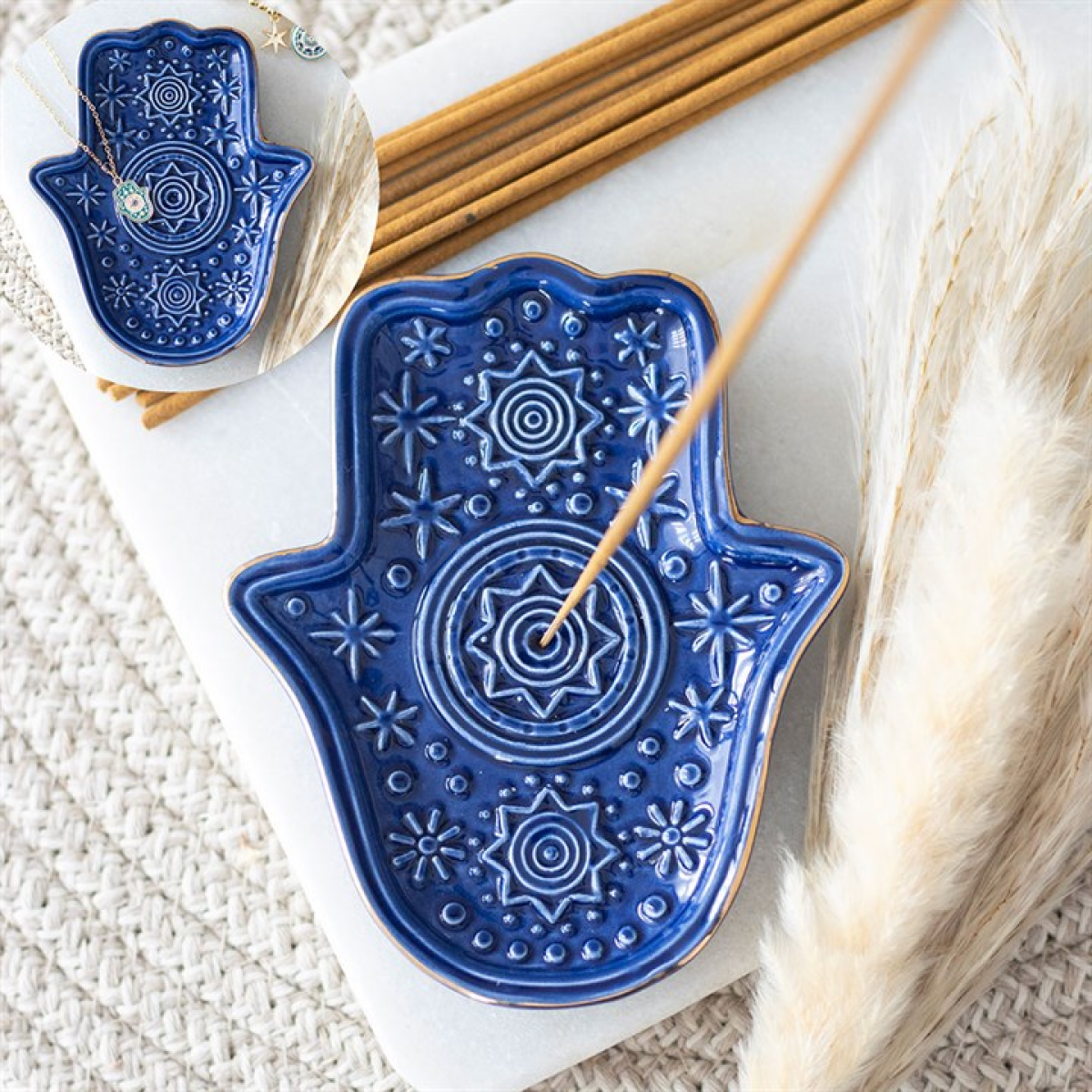 Hand of Hamsa Ceramic Incense Holder / Trinket Dish — Dark Blue