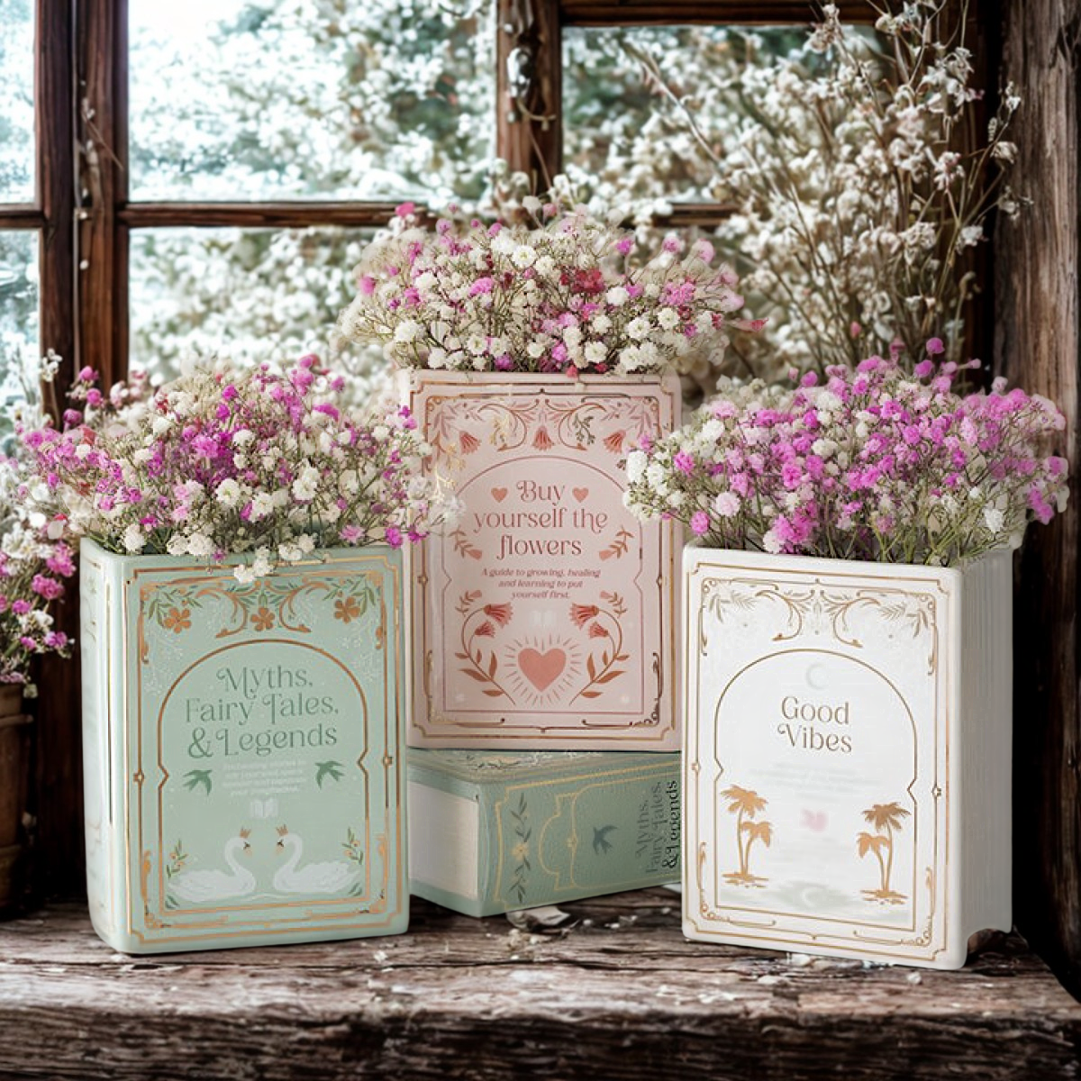 White ceramic book-shaped vase with gold ‘Good Vibes’ design, styled with flowers on a cosy tabletop. Along side a sage green vase and a pale pink vase.