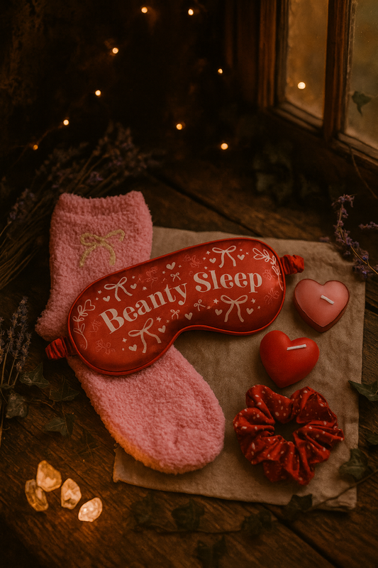 Beauty Sleep gift set with fluffy pink socks, red satin eye mask, matching scrunchie and two heart-shaped candles. Fae Cottage