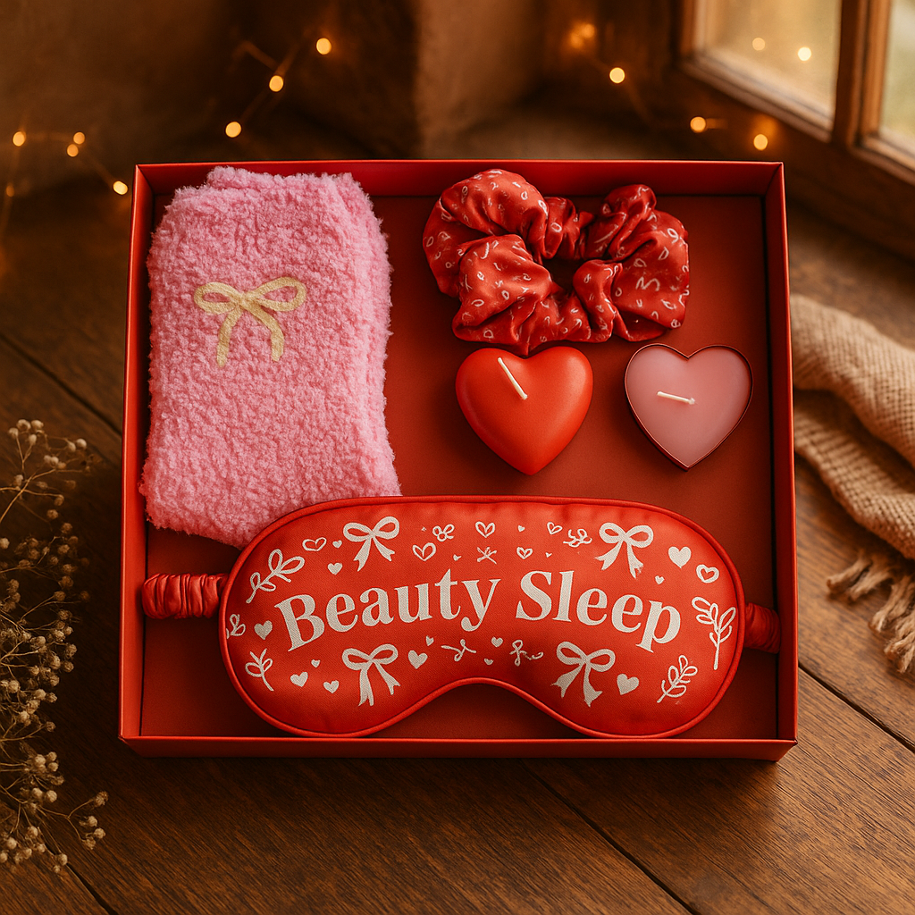 Beauty Sleep gift set with fluffy pink socks, red satin eye mask, matching scrunchie and two heart-shaped candles- Fae Cottage