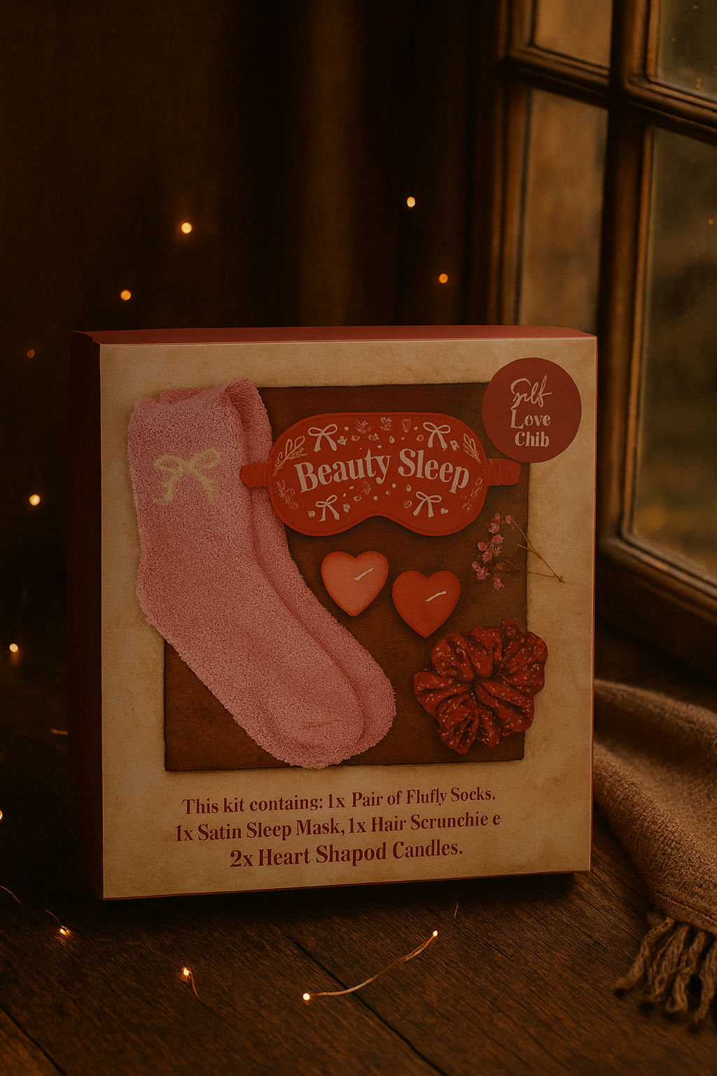 “Beauty Sleep gift set with fluffy pink socks, red satin eye mask, matching scrunchie and two heart-shaped candles. Fae Cottage