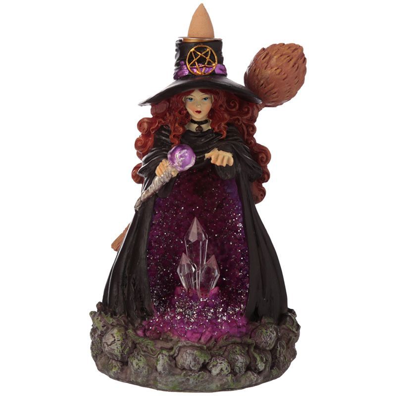 Front view of Crystal Witch incense burner showing crystal cavern and cone holder on hat.