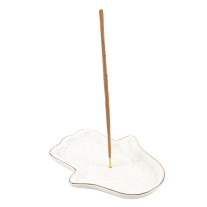 Hand of Hamsa Ceramic Incense Holder / Trinket Dish — White