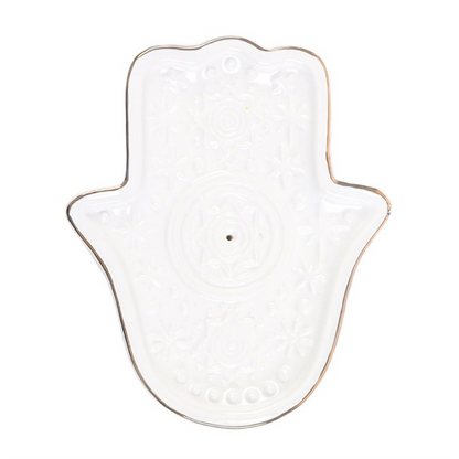 Hand of Hamsa Ceramic Incense Holder / Trinket Dish — White