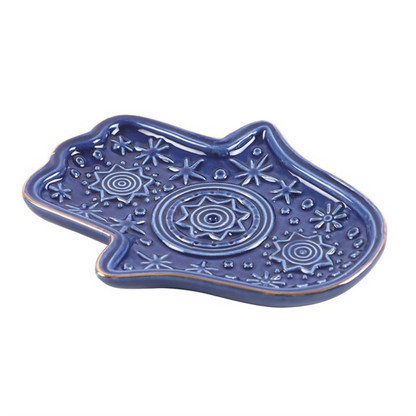 Hand of Hamsa Ceramic Incense Holder / Trinket Dish — Dark Blue