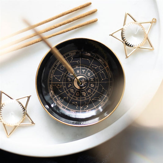 Astrology Wheel Incense Dish — Black & Gold (Sticks & Cones)