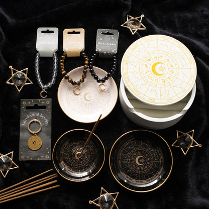 Astrology Wheel Incense Dish — Black & Gold (Sticks & Cones)