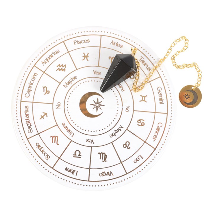Black crystal pendulum on a white background with astrological symbols