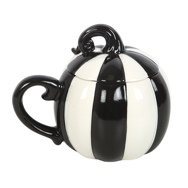 Black & White Striped Pumpkin Mug with Lid — Gothic Charm for Spooky Sips