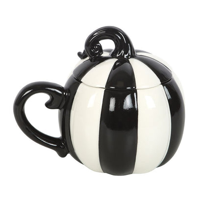Black & White Striped Pumpkin Mug with Lid — Gothic Charm for Spooky Sips