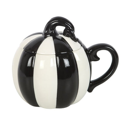 Black & White Striped Pumpkin Mug with Lid — Gothic Charm for Spooky Sips